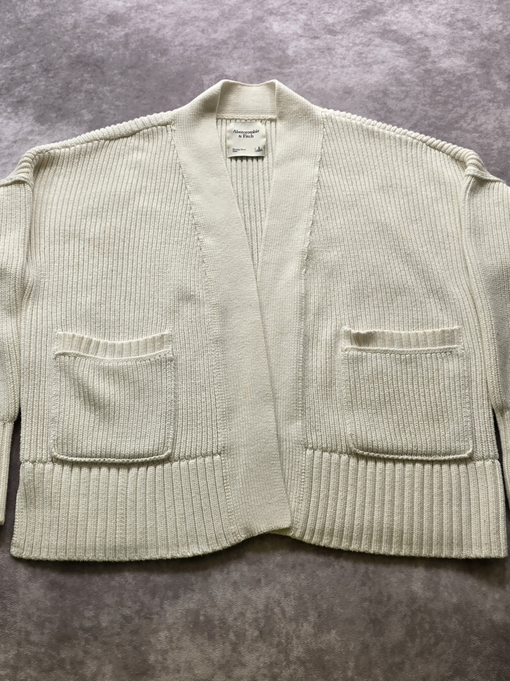 Abercrombie & Fitch Ivory Open-Front Ribbed Pocket Cardigan